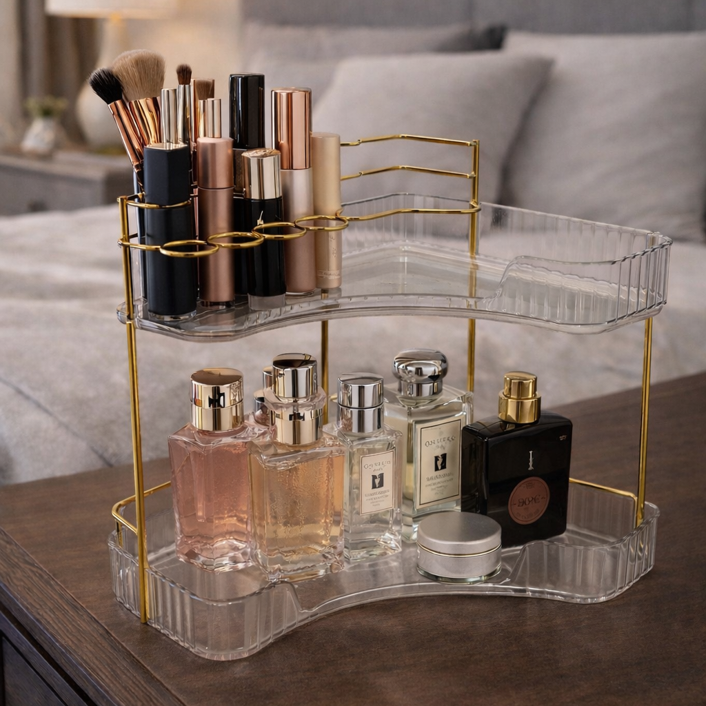 منظم مكياج وعطور فاخر بطبقتين – تصميم شفاف بإطار ذهبي أنيق
