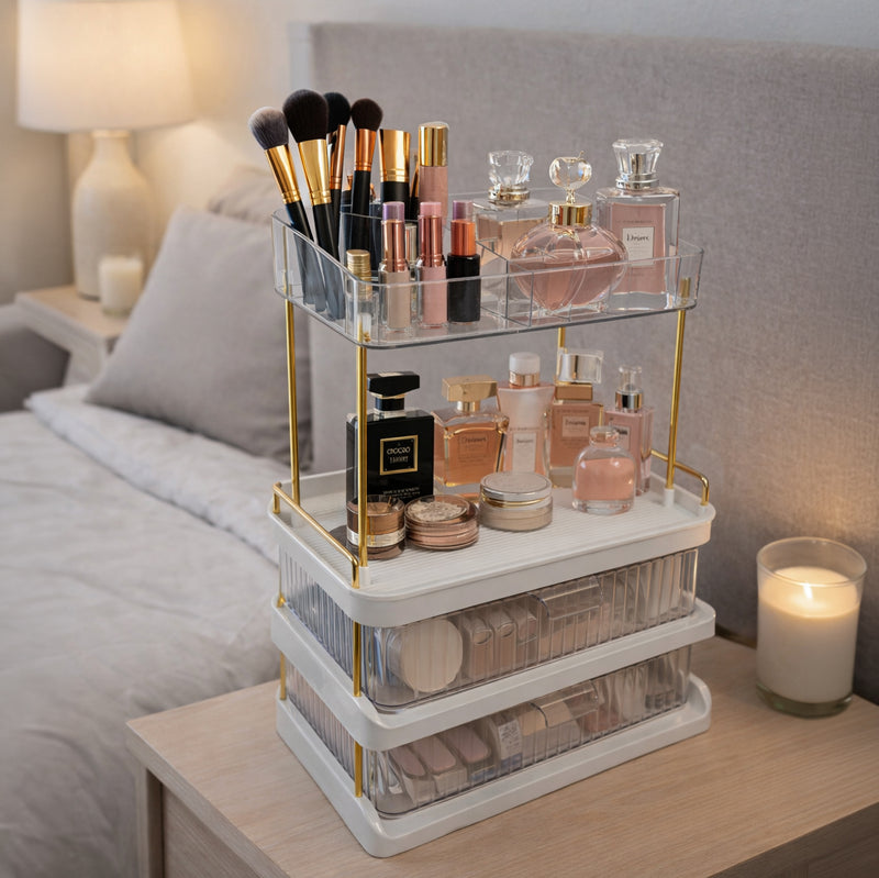 منظم مكياج وعطور فاخر متعدد الطبقات مع أدراج – تصميم راقي بلمسات ذهبية