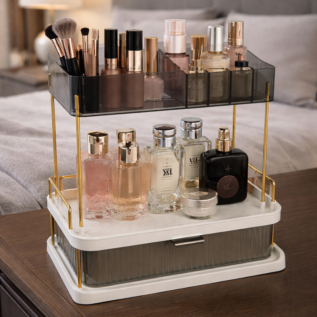 منظم مكياج وعطور فاخر مع درج – تصميم بطبقتين بلمسات ذهبية