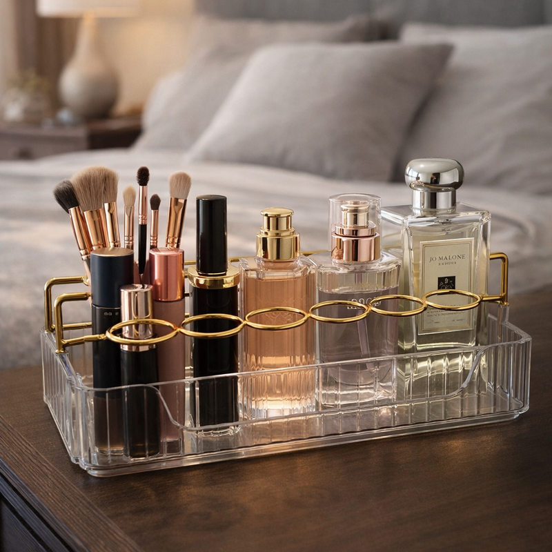 منظم مكياج وعطور فاخر – تصميم شفاف بلمسات ذهبية أنيقة